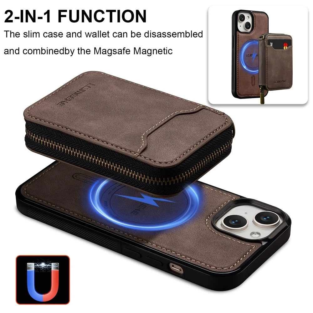 LC.IMEEKE L6 For iPhone 13 mini / 12 mini Magnetic Case Detachable Zipper Wallet Leather Coated PC + TPU Phone Cover - Coffee - 3