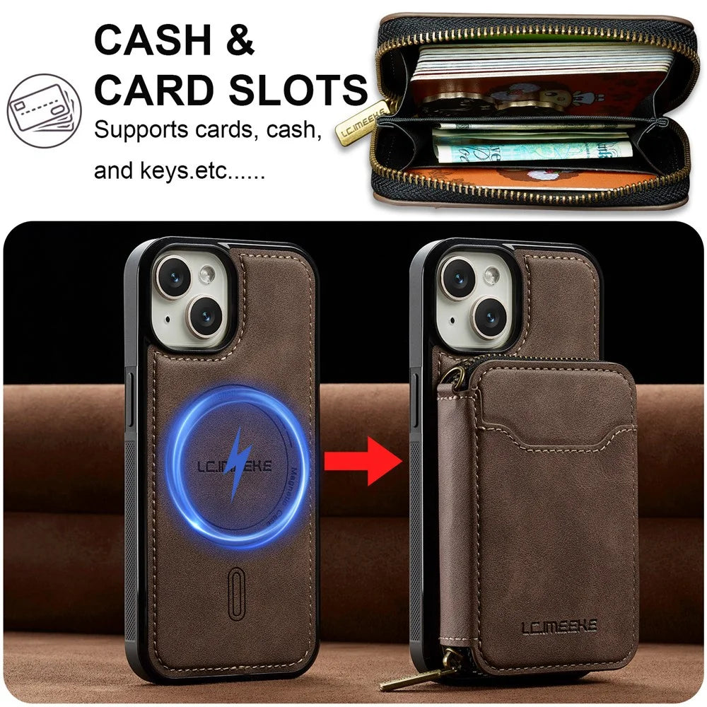 LC.IMEEKE L6 For iPhone 13 mini / 12 mini Magnetic Case Detachable Zipper Wallet Leather Coated PC + TPU Phone Cover - Coffee - 4