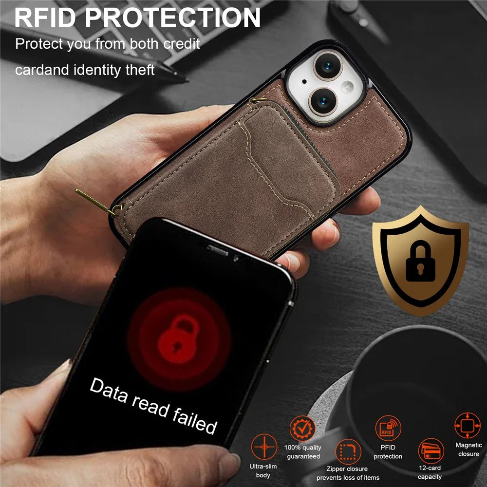 LC.IMEEKE L6 For iPhone 14 / 13 Magnetic Case Detachable Zipper Wallet Leather Coated PC + TPU Phone Cover - Coffee - 7