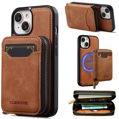 LC.IMEEKE L6 For iPhone 15 Plus / 14 Plus Magnetic Case Detachable Zipper Wallet Leather Coated PC + TPU Phone Cover - Brown - 1