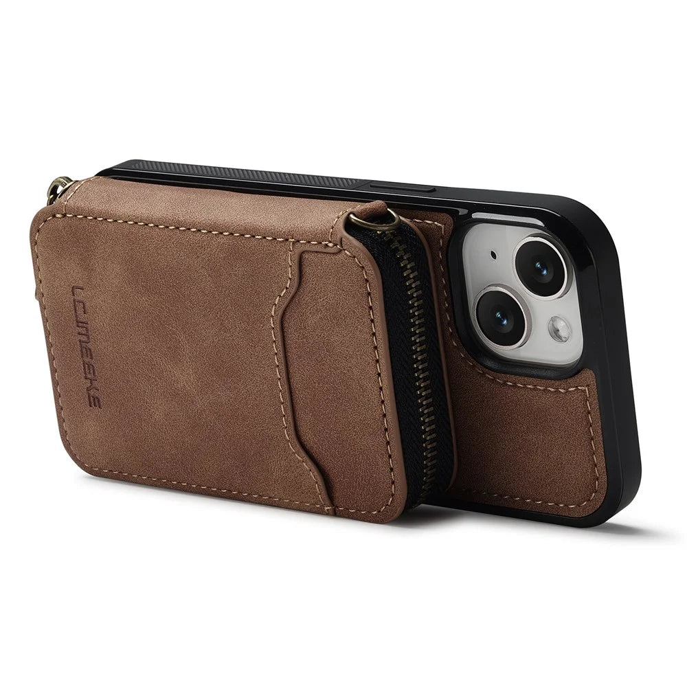LC.IMEEKE L6 For iPhone 15 Plus / 14 Plus Magnetic Case Detachable Zipper Wallet Leather Coated PC + TPU Phone Cover - Brown - 2
