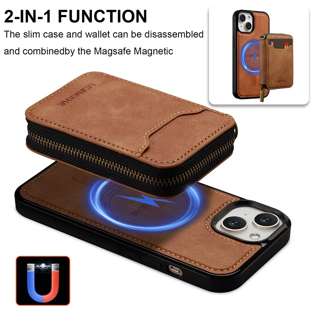 LC.IMEEKE L6 For iPhone 15 Plus / 14 Plus Magnetic Case Detachable Zipper Wallet Leather Coated PC + TPU Phone Cover - Brown - 3