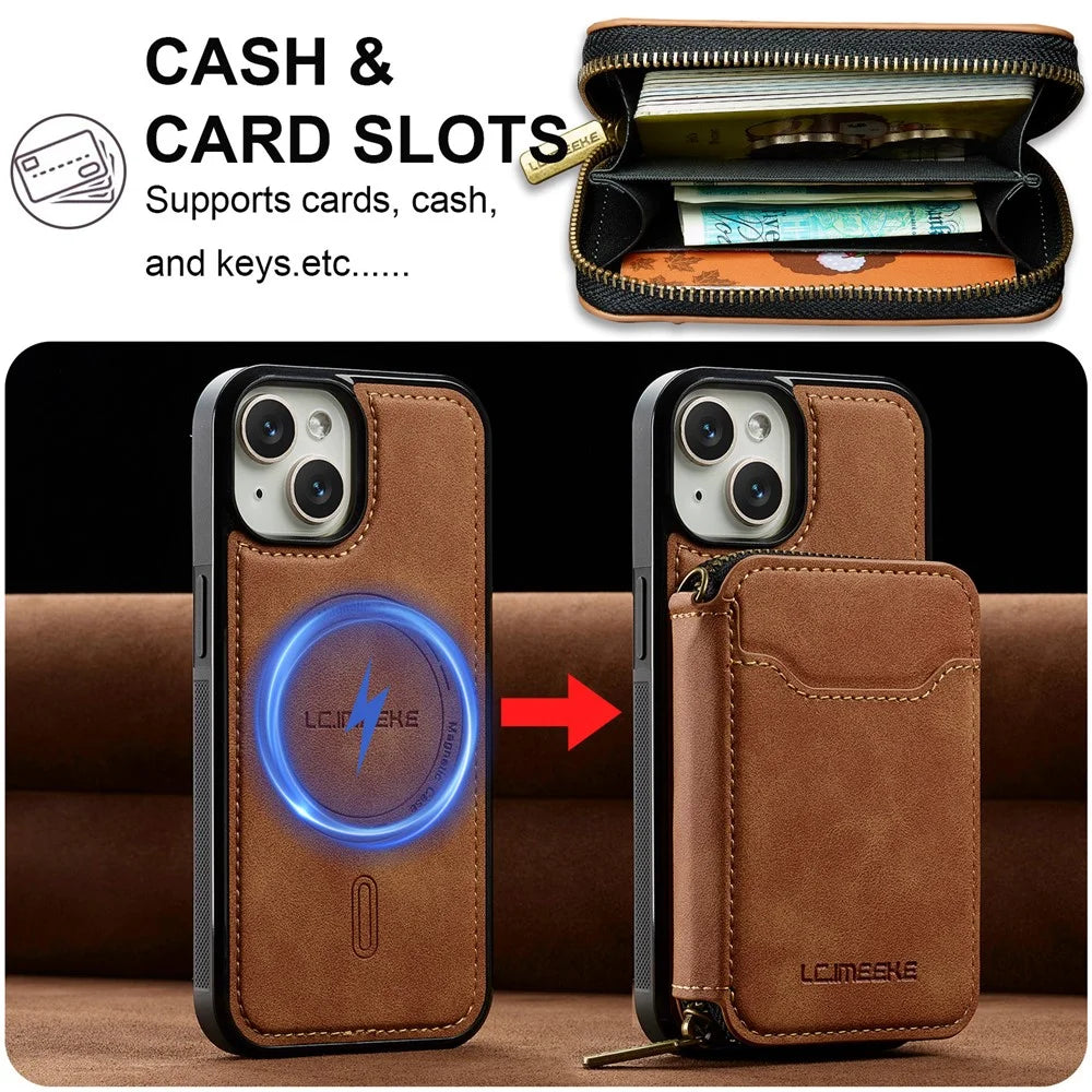 LC.IMEEKE L6 For iPhone 15 Plus / 14 Plus Magnetic Case Detachable Zipper Wallet Leather Coated PC + TPU Phone Cover - Brown - 4