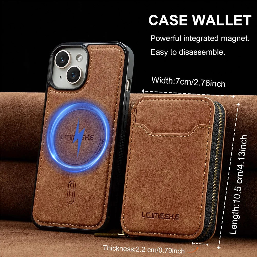 LC.IMEEKE L6 For iPhone 15 Plus / 14 Plus Magnetic Case Detachable Zipper Wallet Leather Coated PC + TPU Phone Cover - Brown - 5