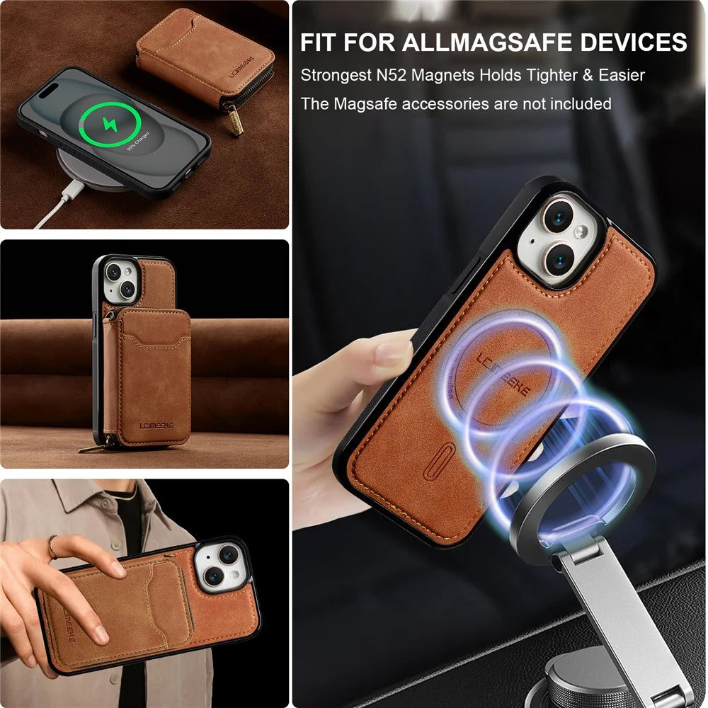 LC.IMEEKE L6 For iPhone 15 Plus / 14 Plus Magnetic Case Detachable Zipper Wallet Leather Coated PC + TPU Phone Cover - Brown - 6