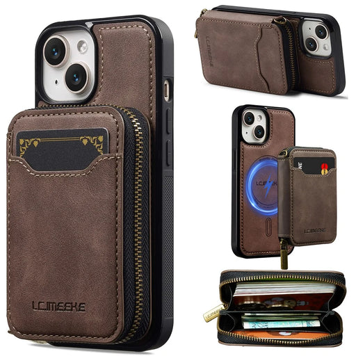 LC.IMEEKE L6 For iPhone 15 Magnetic Case Detachable Zipper Wallet Leather Coated PC + TPU Phone Cover - Coffee - 1