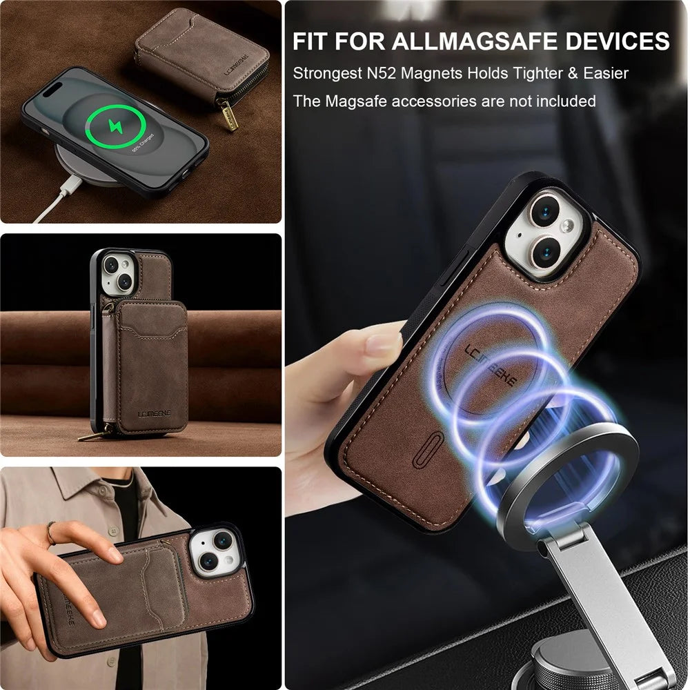 LC.IMEEKE L6 For iPhone 15 Magnetic Case Detachable Zipper Wallet Leather Coated PC + TPU Phone Cover - Coffee - 6