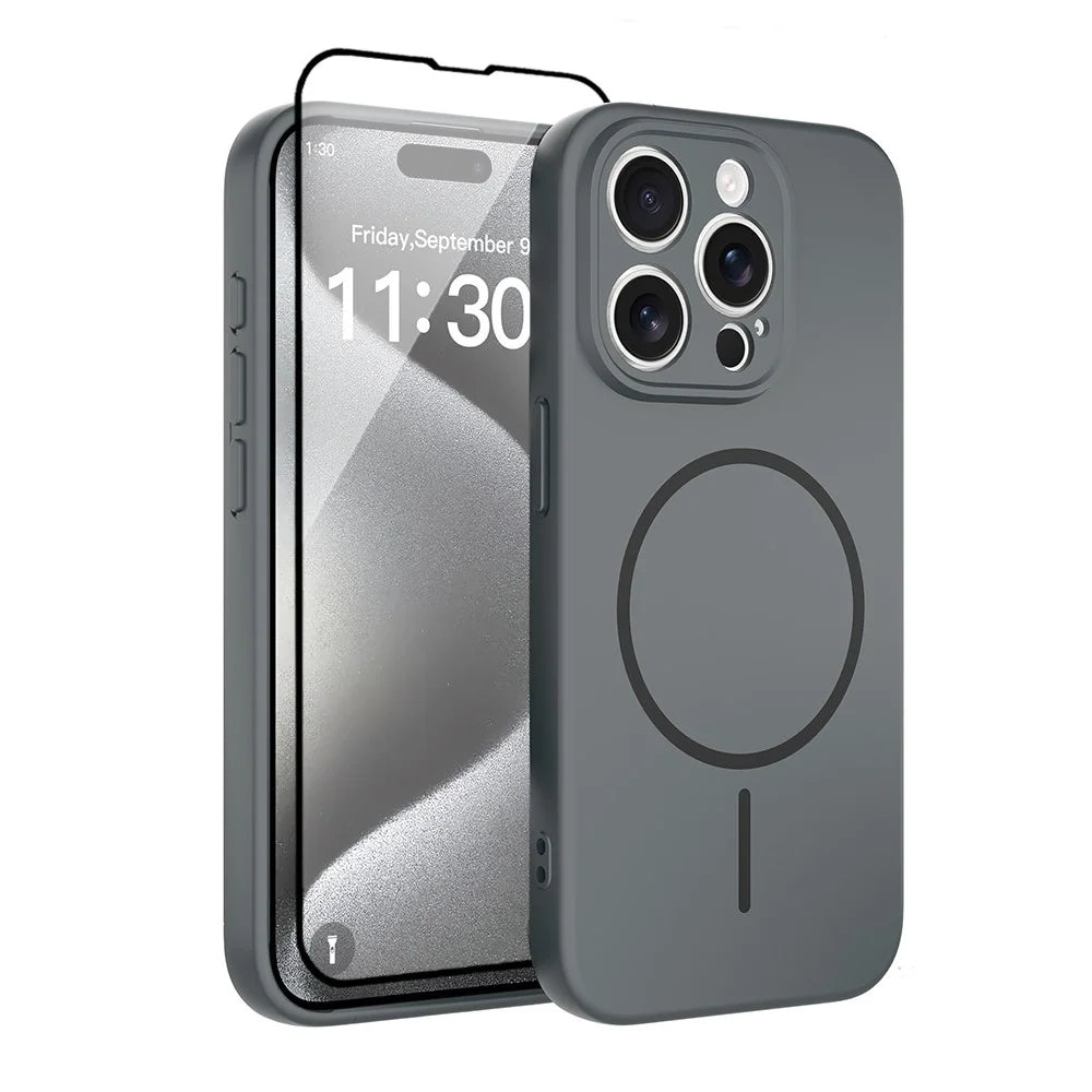 For iPhone 15 Pro Magnetic Case PC + TPU Phone Cover with Tempered Glass Screen Film - Dark Grey - 1