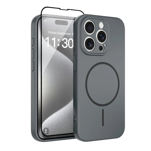 For iPhone 15 Pro Magnetic Case PC + TPU Phone Cover with Tempered Glass Screen Film - Dark Grey - 1