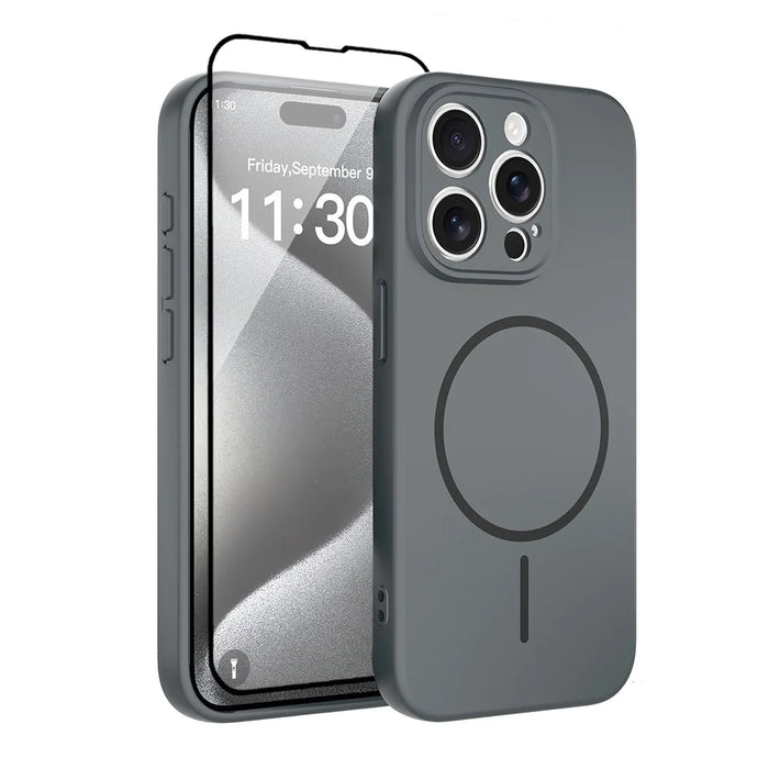 For iPhone 15 Pro Magnetic Case PC + TPU Phone Cover with Tempered Glass Screen Film - Dark Grey - 1