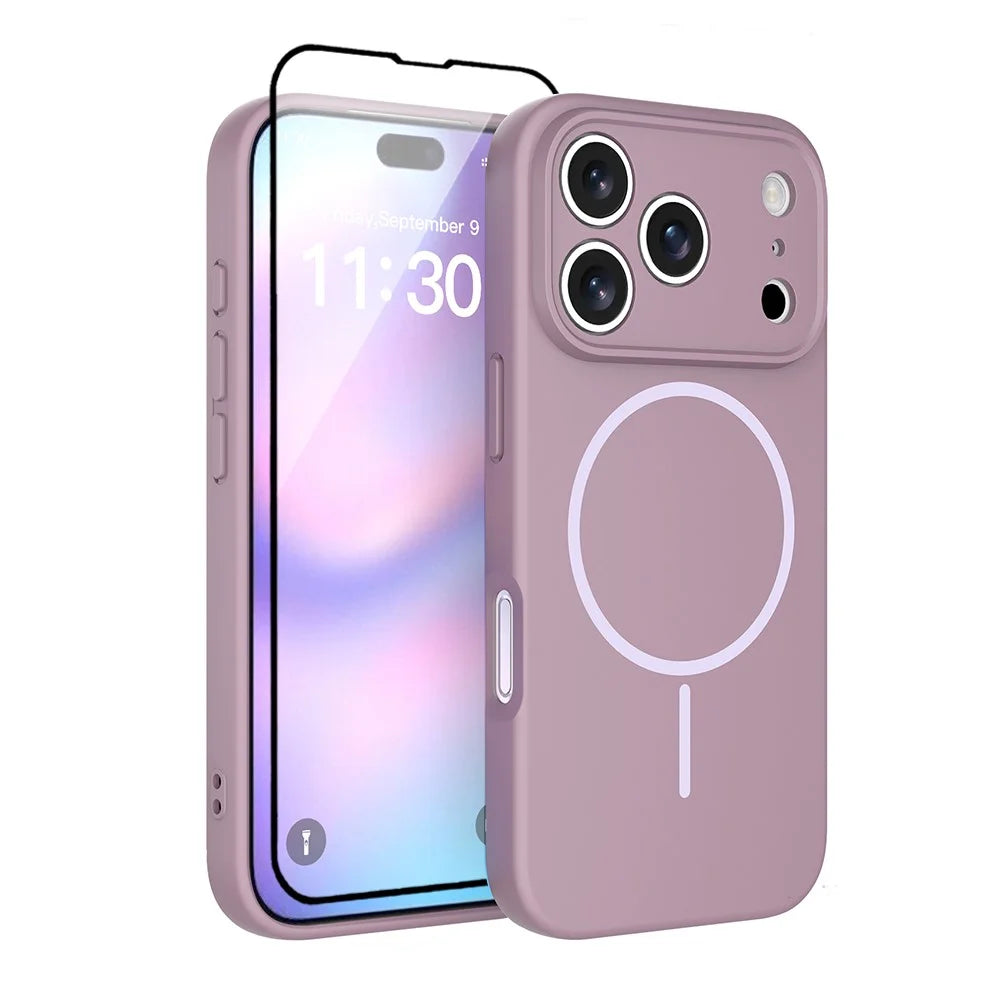 For iPhone 17 Pro Magnetic Case PC + TPU Phone Cover with Tempered Glass Screen Film - Purple - 1