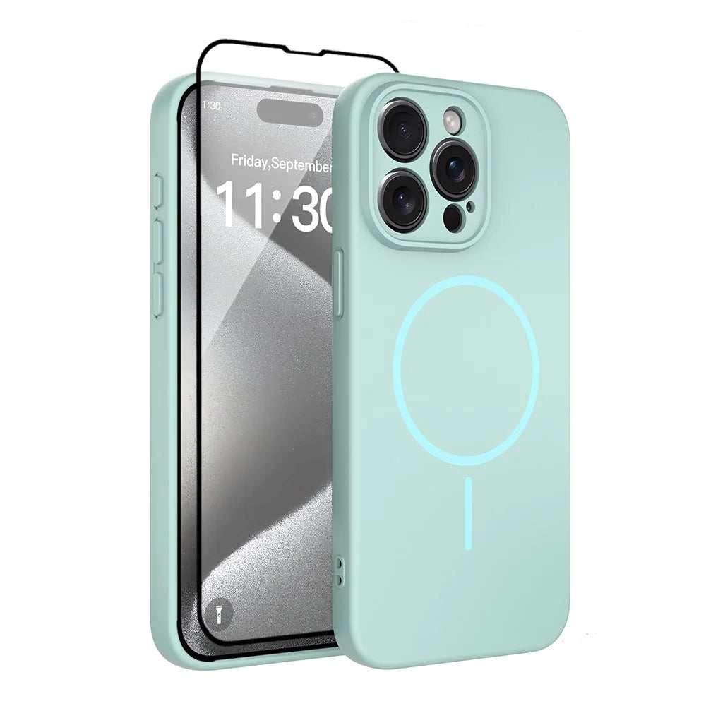 For iPhone 15 Pro Max Magnetic Case PC + TPU Phone Cover with Tempered Glass Screen Film - Blue - 1