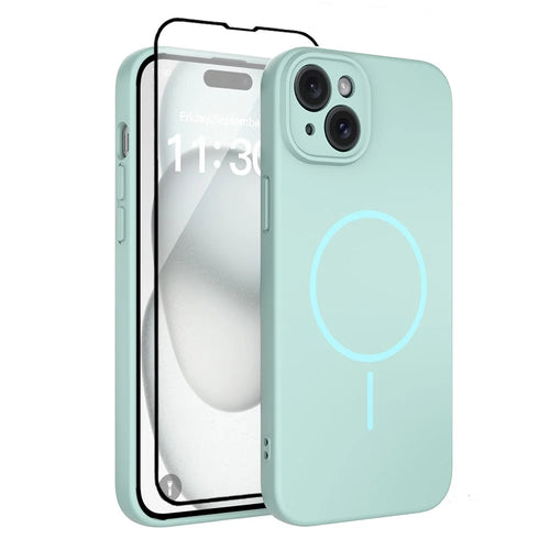 For iPhone 15 Plus Magnetic Case PC + TPU Phone Cover with Tempered Glass Screen Film - Blue - 1