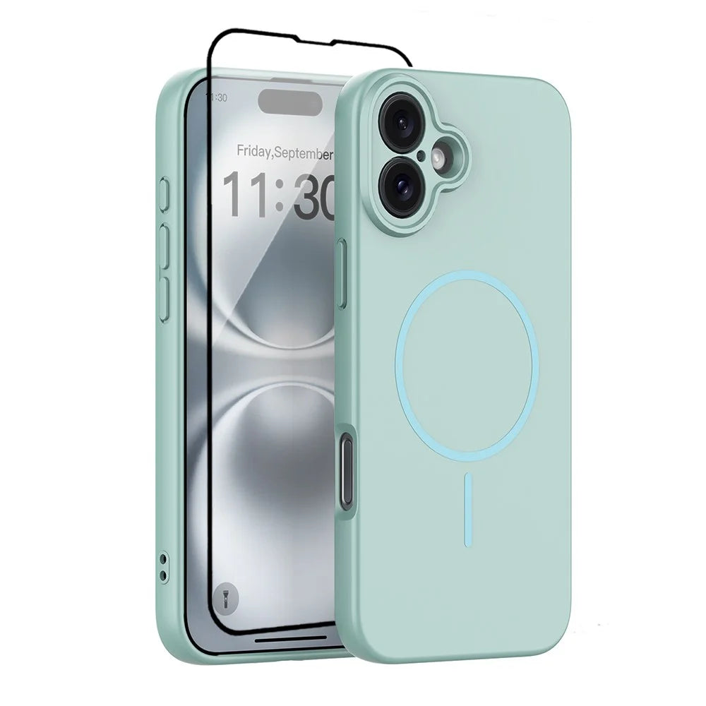 For iPhone 16 Plus Magnetic Case PC + TPU Phone Cover with Tempered Glass Screen Film - Blue - 1