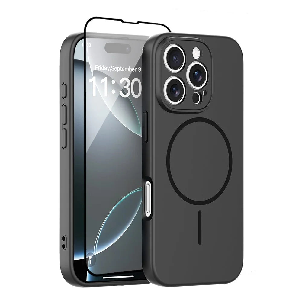 For iPhone 16 Pro Magnetic Case PC + TPU Phone Cover with Tempered Glass Screen Film - Black - 1