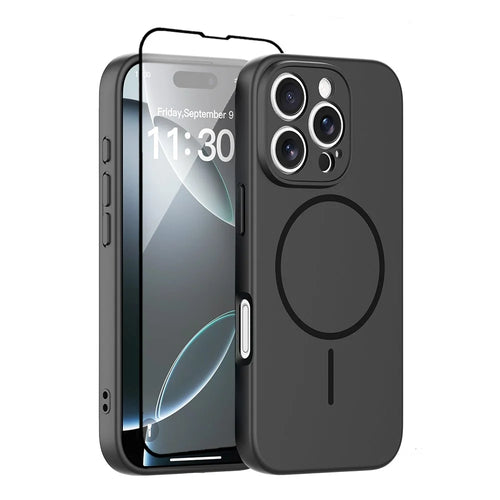 For iPhone 16 Pro Magnetic Case PC + TPU Phone Cover with Tempered Glass Screen Film - Black - 1