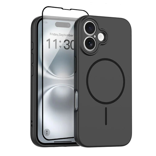 For iPhone 16 Magnetic Case PC + TPU Phone Cover with Tempered Glass Screen Film - Black - 1