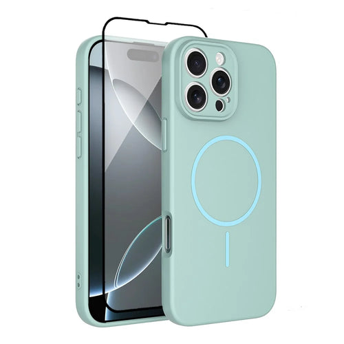 For iPhone 16 Pro Max Magnetic Case PC + TPU Phone Cover with Tempered Glass Screen Film - Blue - 1