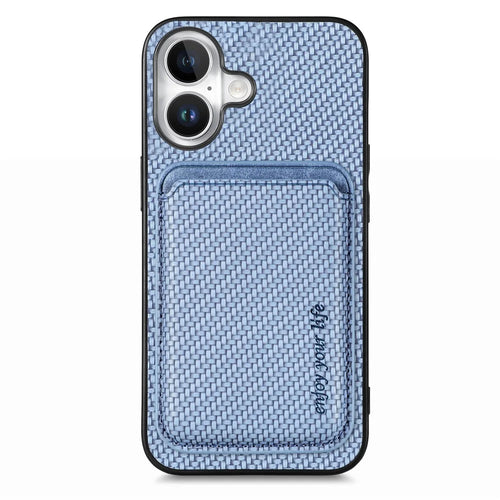 For iPhone 17 Case Carbon Fiber Leather Back Cover with Detachable Card Bag - Blue - 1