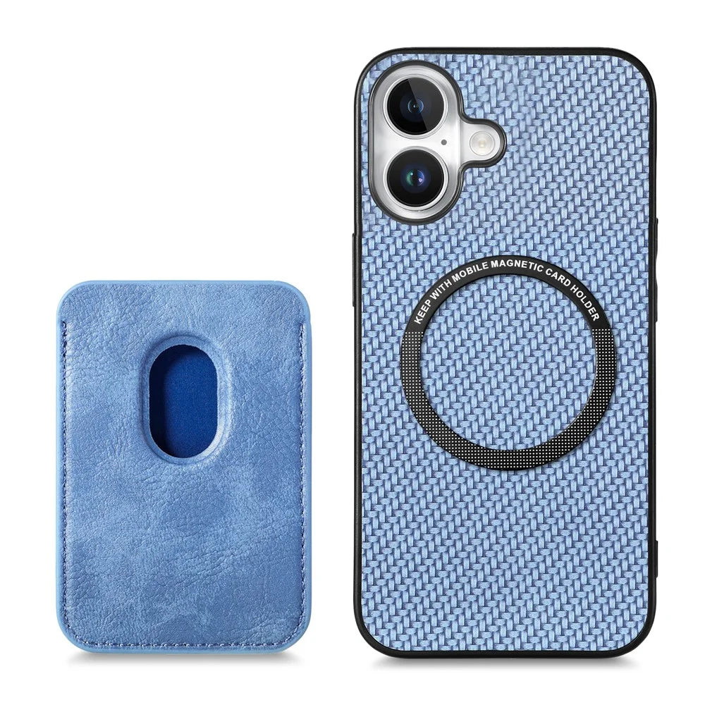 For iPhone 17 Case Carbon Fiber Leather Back Cover with Detachable Card Bag - Blue - 2