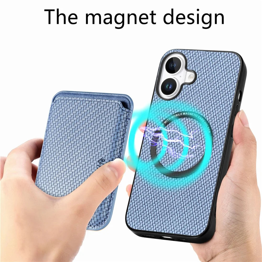 For iPhone 17 Case Carbon Fiber Leather Back Cover with Detachable Card Bag - Blue - 3