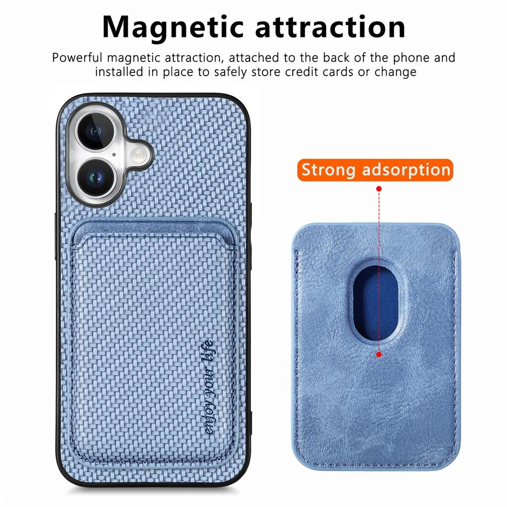 For iPhone 17 Case Carbon Fiber Leather Back Cover with Detachable Card Bag - Blue - 4