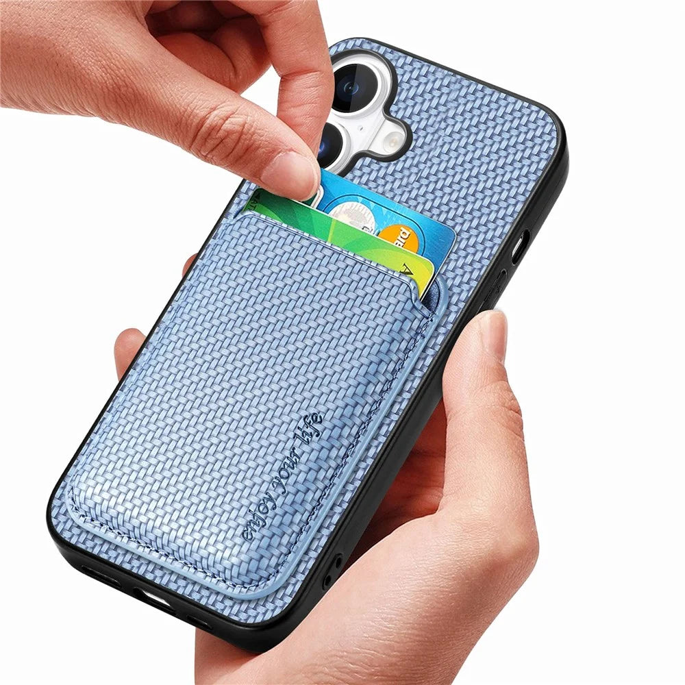 For iPhone 17 Case Carbon Fiber Leather Back Cover with Detachable Card Bag - Blue - 5