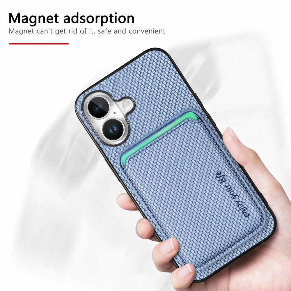 For iPhone 17 Case Carbon Fiber Leather Back Cover with Detachable Card Bag - Blue - 6