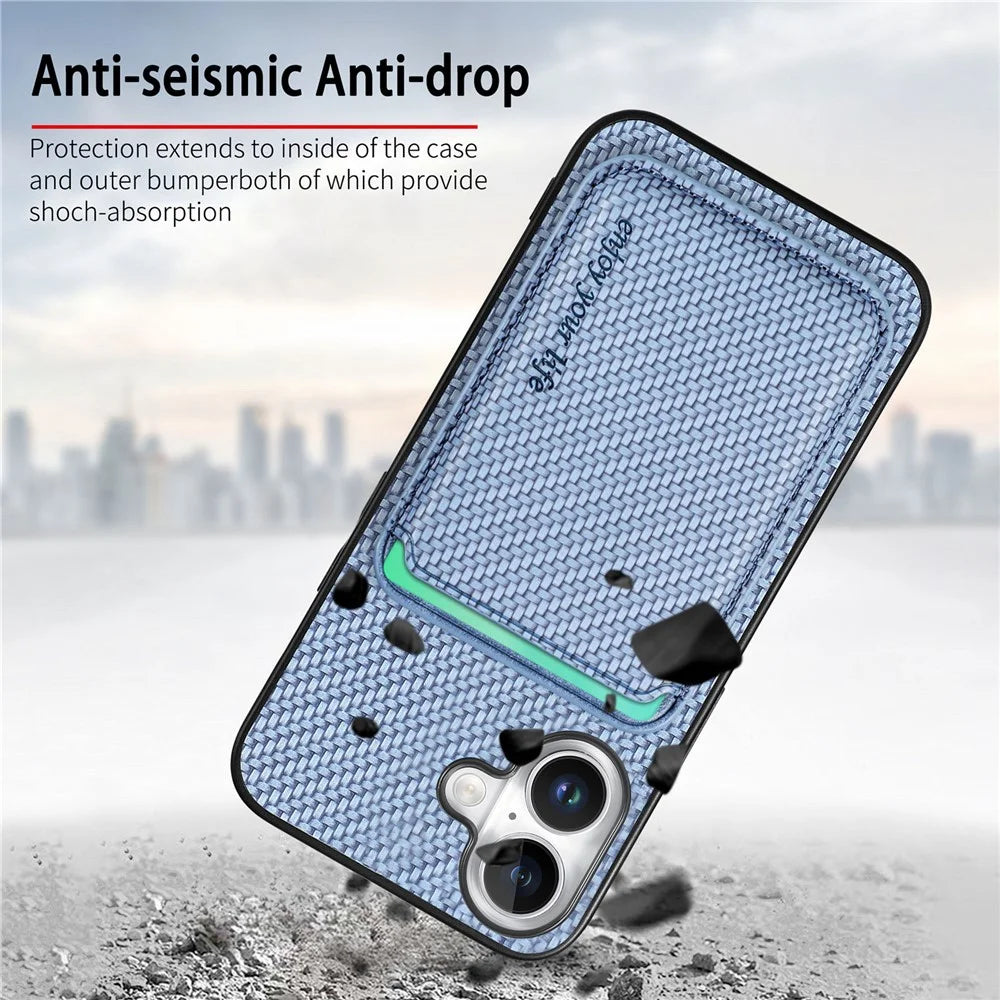 For iPhone 17 Case Carbon Fiber Leather Back Cover with Detachable Card Bag - Blue - 7
