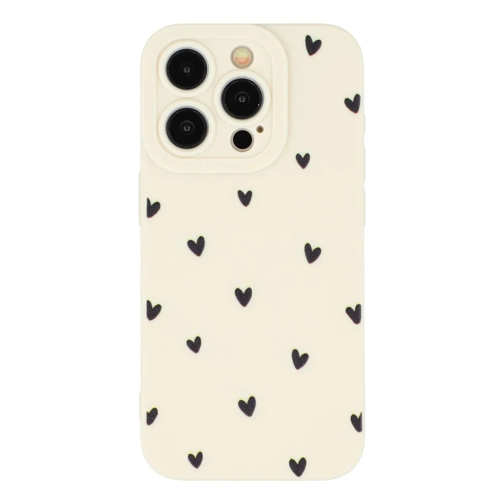For iPhone 15 Pro Case Heart Pattern TPU Phone Back Cover - Antique White / Black Hearts - 3