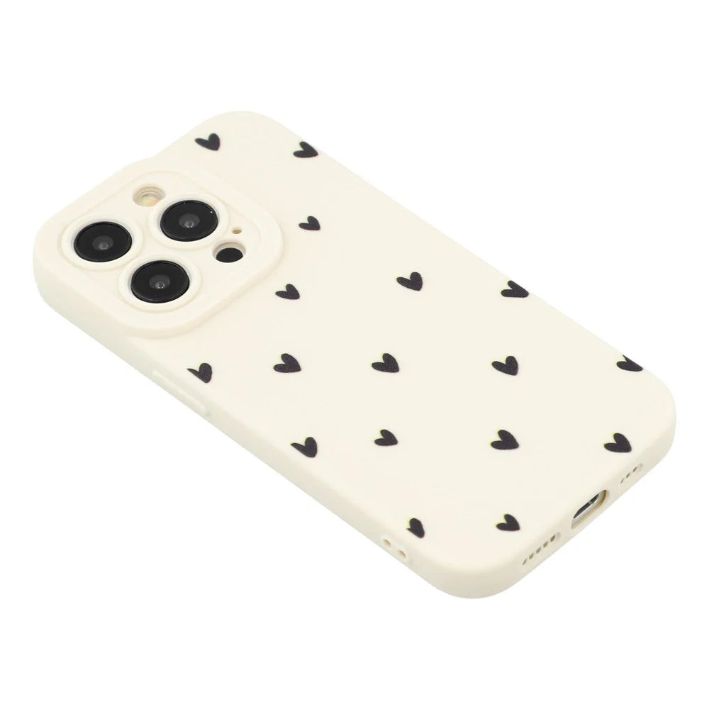For iPhone 15 Pro Case Heart Pattern TPU Phone Back Cover - Antique White / Black Hearts - 4
