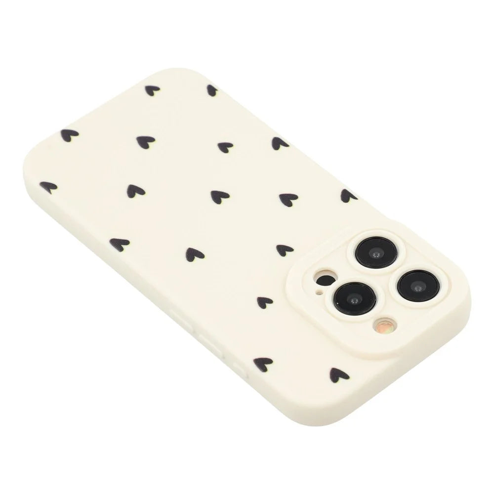 For iPhone 15 Pro Case Heart Pattern TPU Phone Back Cover - Antique White / Black Hearts - 5