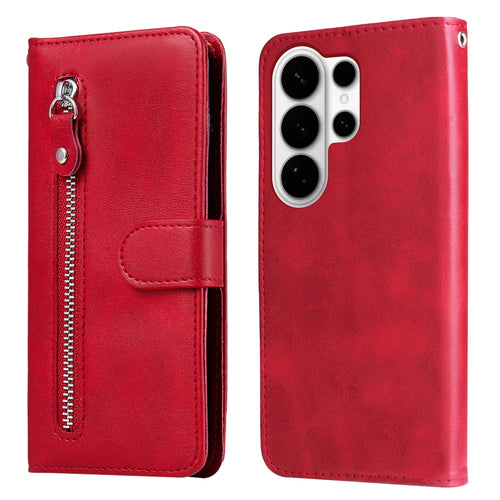 For Samsung Galaxy S26 Ultra PU Leather Cases with Zipper Pocket Wallet Phone Cover Stand - Red - 1