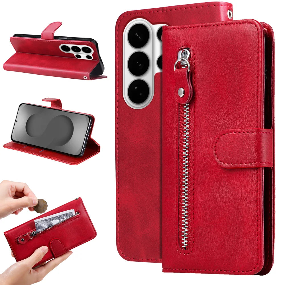 For Samsung Galaxy S26 Ultra PU Leather Cases with Zipper Pocket Wallet Phone Cover Stand - Red - 2