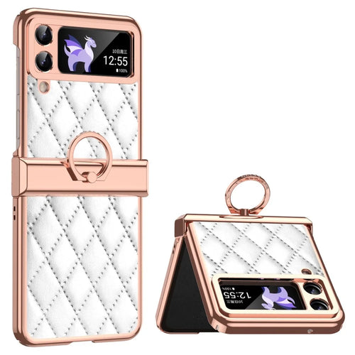 For Samsung Galaxy Z Flip3 5G Ring Kickstand Electroplating PU Leather Coated PC Case Imprinted Rhombus Grid Pattern Folding Phone Cover - White - 1