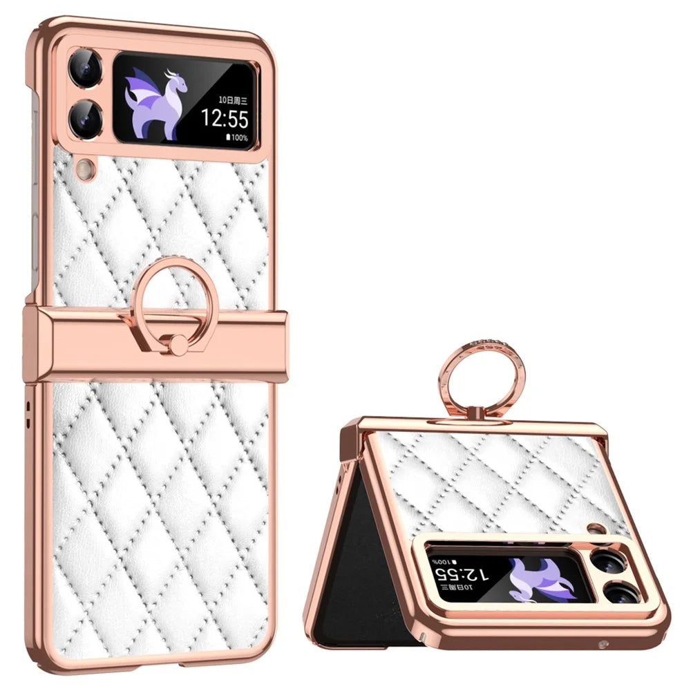 For Samsung Galaxy Z Flip3 5G Ring Kickstand Electroplating PU Leather Coated PC Case Imprinted Rhombus Grid Pattern Folding Phone Cover - White - 1