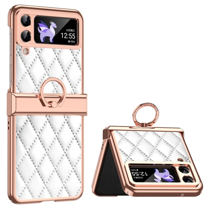 For Samsung Galaxy Z Flip3 5G Ring Kickstand Electroplating PU Leather Coated PC Case Imprinted Rhombus Grid Pattern Folding Phone Cover - White - 1