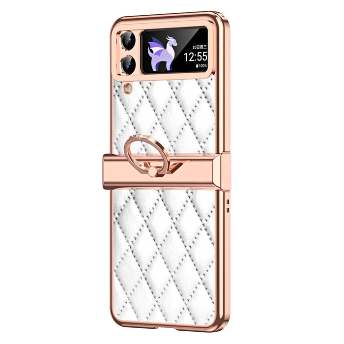 For Samsung Galaxy Z Flip3 5G Ring Kickstand Electroplating PU Leather Coated PC Case Imprinted Rhombus Grid Pattern Folding Phone Cover - White - 2