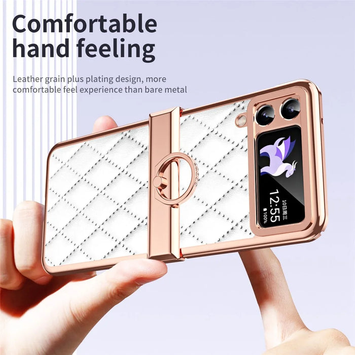 For Samsung Galaxy Z Flip3 5G Ring Kickstand Electroplating PU Leather Coated PC Case Imprinted Rhombus Grid Pattern Folding Phone Cover - White - 3