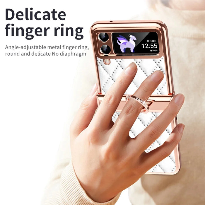 For Samsung Galaxy Z Flip3 5G Ring Kickstand Electroplating PU Leather Coated PC Case Imprinted Rhombus Grid Pattern Folding Phone Cover - White - 4