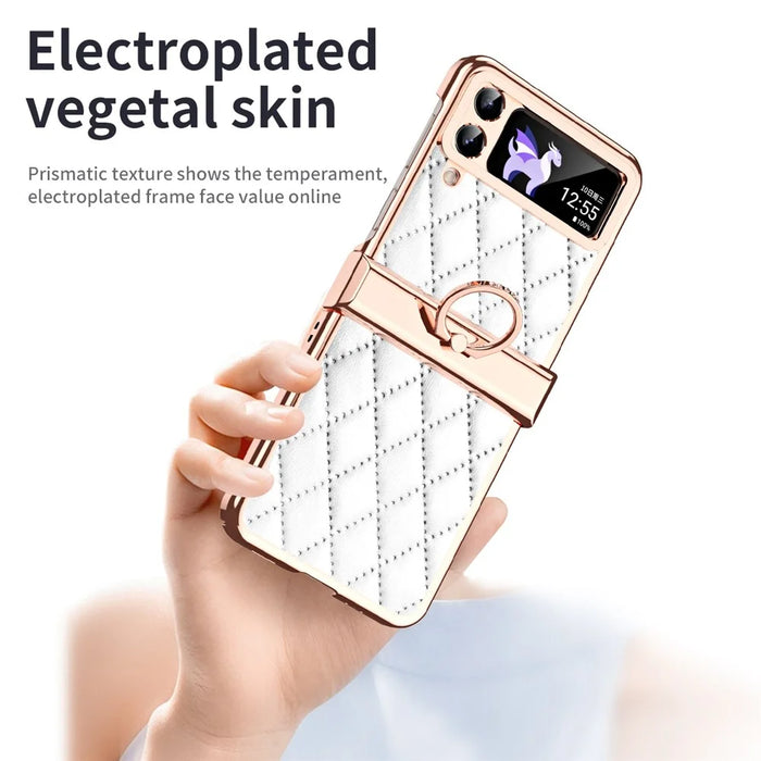 For Samsung Galaxy Z Flip3 5G Ring Kickstand Electroplating PU Leather Coated PC Case Imprinted Rhombus Grid Pattern Folding Phone Cover - White - 5