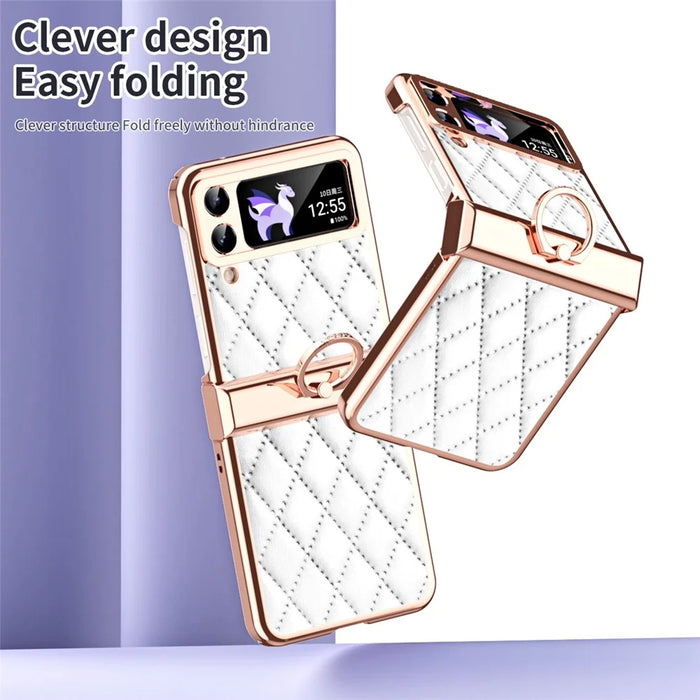 For Samsung Galaxy Z Flip3 5G Ring Kickstand Electroplating PU Leather Coated PC Case Imprinted Rhombus Grid Pattern Folding Phone Cover - White - 6