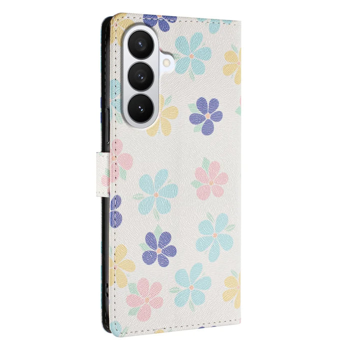 For Samsung Galaxy S26 Case Pattern Print PU Leather Wallet Phone Cover with Wrist Strap - Colored Flowers - 4