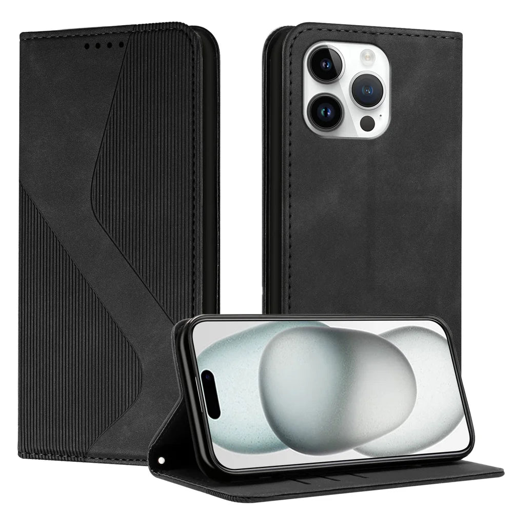 For iPhone 15 Pro Max Phone Cover Skin-touch Feel Leather Wallet Case with Stand - Black - 1