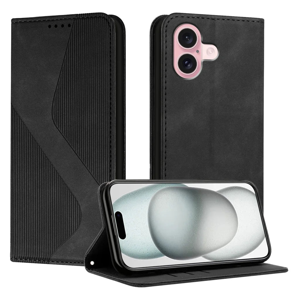 For iPhone 16 Phone Cover Skin-touch Feel Leather Wallet Case with Stand - Black - 1