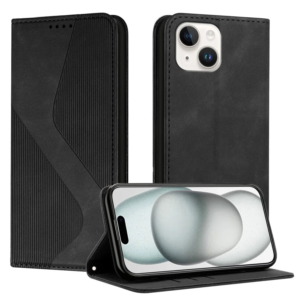 For iPhone 15 Phone Cover Skin-touch Feel Leather Wallet Case with Stand - Black - 1