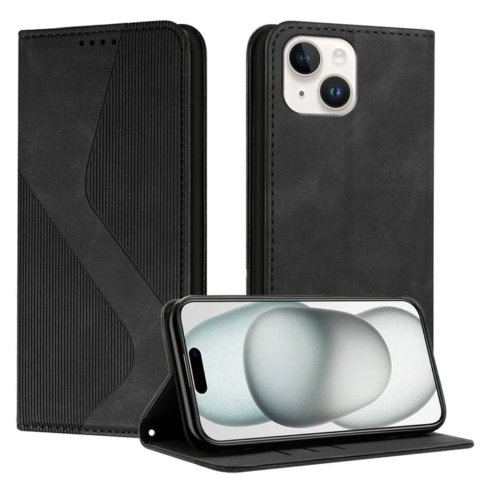 For iPhone 15 Phone Cover Skin-touch Feel Leather Wallet Case with Stand - Black - 1
