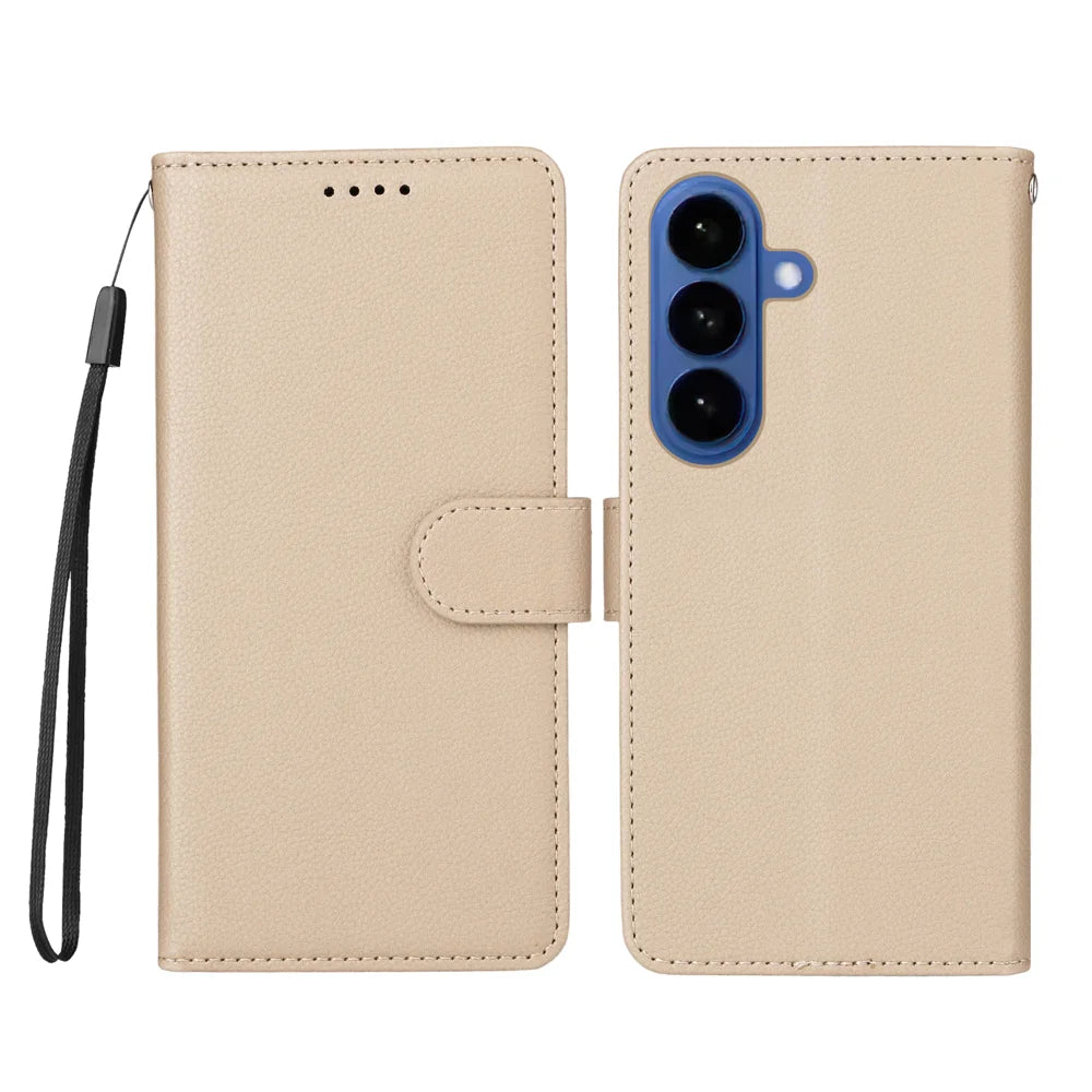 For Samsung Galaxy S26 Case RFID Blocking 3 Card Slots PU Leather Phone Cover with Wrist Strap - Creamy White - 1