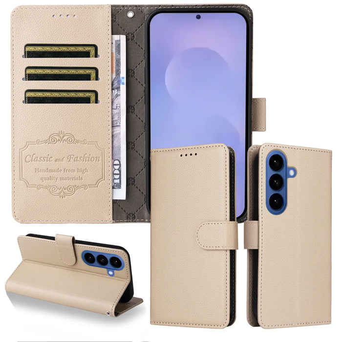 For Samsung Galaxy S26 Case RFID Blocking 3 Card Slots PU Leather Phone Cover with Wrist Strap - Creamy White - 3