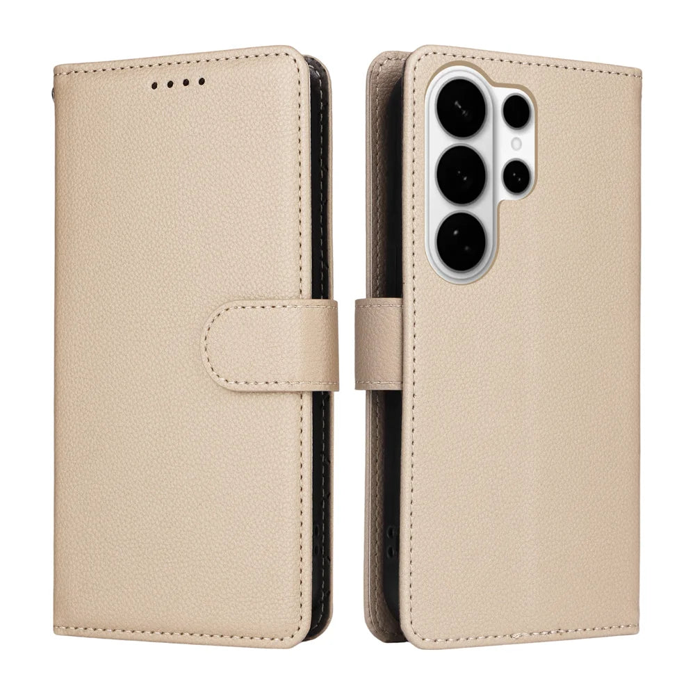 For Samsung Galaxy S26 Ultra Case RFID Blocking 3 Card Slots PU Leather Phone Cover with Wrist Strap - Creamy White - 2